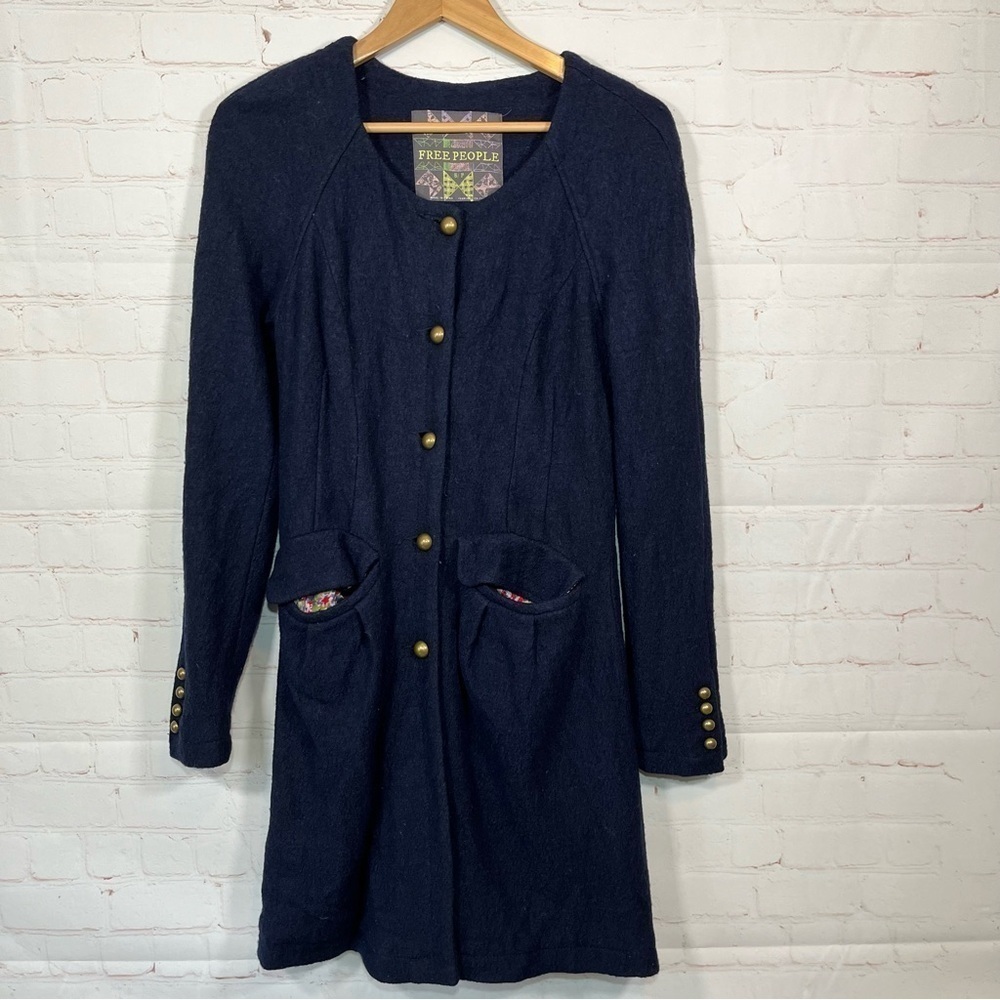 Free People Bonanza Long French Terry Maxi Trench Duster Navy Blue Womens Small